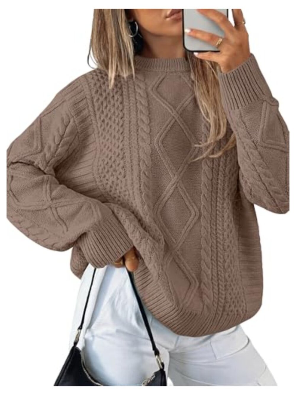 Oversized Cable Knit Crewneck Pullover Sweater Long Sleeve Casual Fall